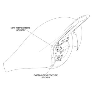 Cirrus main wheel brake assembly showing new and existing brake temperature sticker locations, SB2X-05-01