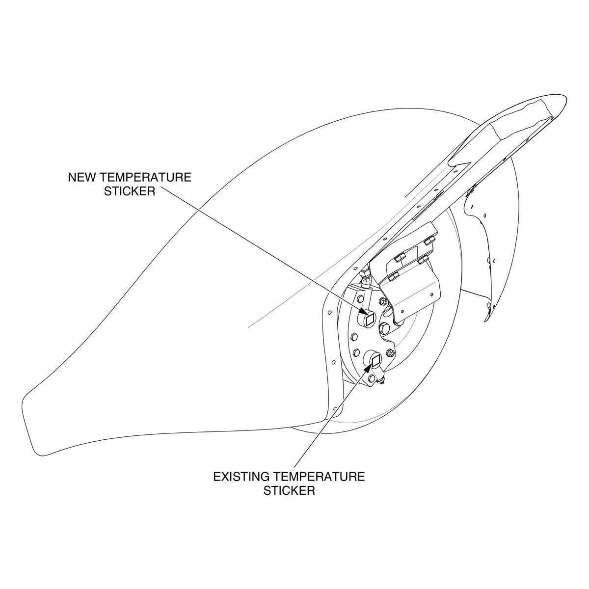 Cirrus main wheel brake assembly showing new and existing brake temperature sticker locations, SB2X-05-01